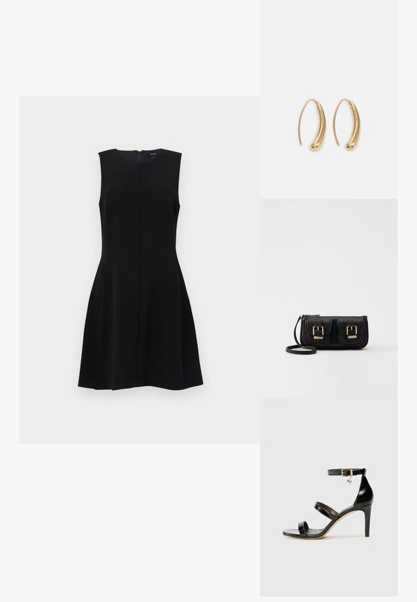 Čierne bezrukávové šaty s priliehavým živôtikom a rozšírenou sukňou, s ukrytou zadnou zipsovou zapínaním a čistými líniami. Hladký, beztextúrovaný materiál.; Čierne lakované sandále s tromi pásikmi, spona na členku a 10 cm ihlovým podpätkom. Obsahujú zlaté detaily s hardwarem a logo prívesok.; Čierna kožená crossbody taška s dvoma prednými vreckami, zlatými sponami, zipsovým uzatváraním a úzkym popruhom. Štruktúrovaný povrch a kompaktný obdĺžnikový tvar.; Náušnice vo forme zlatých kovových kruhov s zakriveným, predĺženým tvarom. Majú hladký, lesklý povrch a zaoblený koniec pre pridanie detailu.