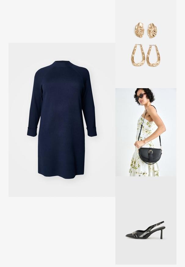 Vero Moda Curve VMCGOLD MIX HIGHNECK DRESS - Pletené šaty - navy blazer; Černá lakovaná slingback obuv s špičatou špičkou, kotníkovými pásky s kovovými sponami a příslušenstvím, a štíhlým podpatkem.; Černá kožená kabelka s křivkovým tvarem, odnímatelným popruhem a zlatými detaily. Kabelka má klopu s přezkou.; Náušnice ve zlatém tónu s texturovanými, vlnitými tvary. Obsahují sochařské klipy a design otevřeného kruhu s kladivkovým povrchem.