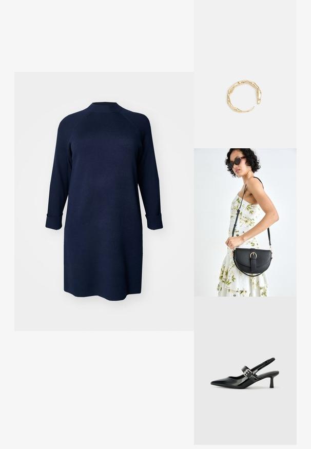 Vero Moda Curve VMCGOLD MIX HIGHNECK DRESS - Džemperkleita - navy blazer; Melnas lakotas ādas sūkņa kurpes ar norādītu purngali un mazu bloku papēdi, ar sudraba sprādzi akcentā uz jostas.; Melnas ādas rokassoma ar izliekta formu, noņemamu siksnu un zelta aksesuāriem. Somai ir vāciņš ar sprādzes detaļu.; Zelta toņa gredzens ar organisku, vērptu dizainu, gludu virsmu un sašaurinātiem galiem, radot mūsdienīgu, skulpturālu izskatu.