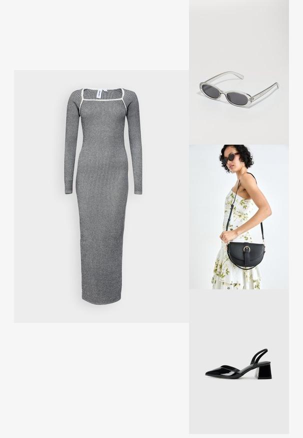 Szürke bordázott hosszú ujjú ruha, szoros illeszkedéssel és négyzet alakú nyakkivágással. Kontrasztos fehér díszítéssel rendelkezik. Rugalmas, texturált anyagból készült.; Fekete lakk bőr szandálkés magas sarkú cipő, hegyes orral és geometrikus tömbsarkakkal. Karcsú, minimalista dizájn és sima textúra jellemzi.; Ovális formájú napszemüveg, átlátszó műanyag keret, sötétszürke lencsék és vékony, átlátszó szárak, logóakkcentussal és minimális díszítéssel.; Fekete bőrtáska ívelt formával, levehető pánttal és arany színű fémrészekkel. A táskán egy csattal díszített fedél található.