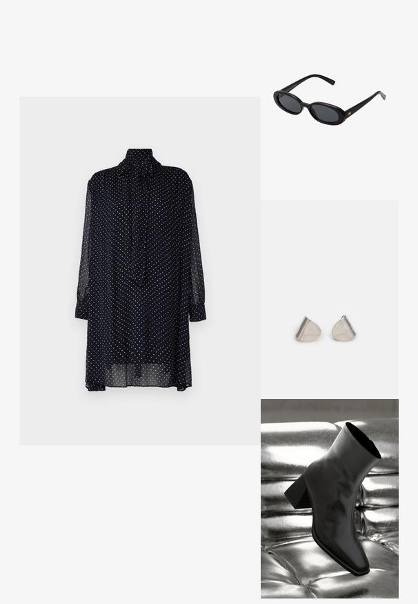 GANT - Sukienka letnia; Czarne botki za kostkę wykonane z błyszczącego materiału, z kwadratowym noskiem i zwężającym się obcasem, na tle błyszczącego srebrnego tapicerowanego tła.; Czarne, oversize okulary przeciwsłoneczne z owalnymi soczewkami, gładkim plastikowym mostkiem i złotymi akcentami na zausznikach. Ciemne soczewki zapewniają ochronę przed słońcem.; Srebrne metalowe kolczyki o gładkim, kroplowym kształcie i wypolerowanym wykończeniu. Delikatne grawerunki dodają szczegółów. Minimalistyczny design.