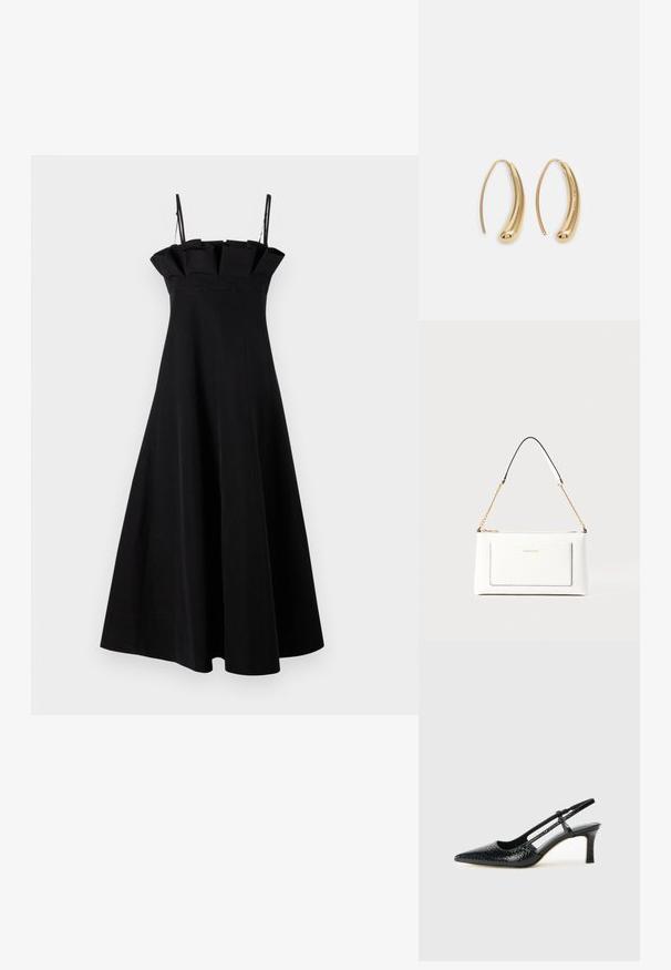 Schwarzes A-Linien-Kleid mit Spaghetti-Trägern, das über einen strukturierten, plissierten Ausschnitt und eine fließende, bodenlange Silhouette verfügt. Glatte Textur.; Schwarze Lack-Slingback-Pumps mit spitzem Zehenbereich, versehen mit strukturiertem Schlangenprint, verstellbarem Riemen und einem kurzen, strukturierten Blockabsatz.; Weißes Lederhandtasche mit strukturierter Oberfläche, ausgestattet mit einem goldenen Kettenriemen und schwarzen Akzenten. Enthält eine Fronttasche und einen Reißverschluss.; Goldfarbene Metall-Hoops mit einer geschwungenen, länglichen Form. Sie verfügen über eine glatte, glänzende Oberfläche und eine abgerundete Spitze für zusätzliche Details.