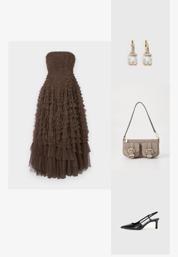 Tummatonta ruskeaa mekkoa, jossa on teksturoitu vartalonosa ja kerroksellinen röyhelöhelma, jossa on hienovaraisia kultaisia yksityiskohtia röyhelöissä.; Musta patent slingback-kiilakorko teräväkärkisellä muotoilulla, jossa on teksturoitu käärmeennahkakuosi, säädettävä remmi ja lyhyt, teksturoitu blokkiheel.; Beige käsilaukku, jossa on säädettävä olkahihna, kaksi etutaskua, jotka on varustettu soljilla, ja kultaiset yksityiskohdat. Vetoketjusulku ylhäällä.; Kulta-sävyiset korvakorut, joissa on suorakulmainen, kirkas kivi roikkumassa pienen, pyöreän kirkkaan korosteen rivin alapuolella. Tyylikäs, moderni muotoilu.