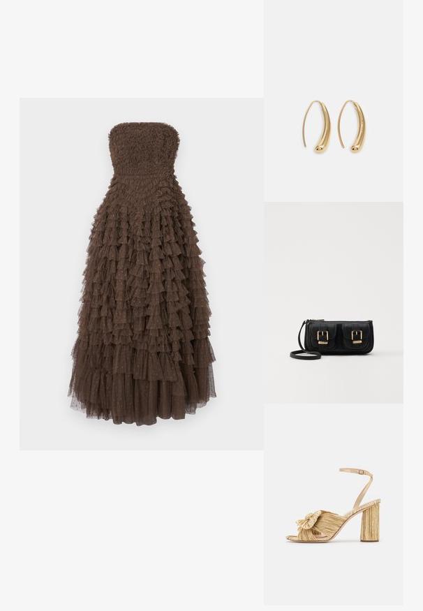 Rihmaatu pruun kleit, millel on tekstuuriga bodi ning kihiline volangseelik, mille volangites on õrnad kuldsed aktsendid.; Kuldsete kontsadega sandaalid, mille esiosas on sõlm, pleatitud tekstuur ja pahkluu rihm. Tootel on plokknokk, millel on sooneline disain, mis parandab haarduvust.; Must küllastamata nahast õlakott, millel on kaks esist nähtavat taskut, kuldsed pandlad, tõmblukuga sulgemine ja peen rihm. Tekstuuriga pind ja kompaktne ristkülikukujuline kuju.; Kuldtoonilised metallist rõngas kõrvarõngad, millel on kõver ja piklik kuju. Omavad siledat, läikivat pinda ja ümarat tipptugevdust, mis lisab detaili.