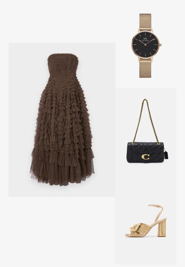 Trägerloses braunes Kleid mit strukturiertem Oberteil und geschichteter Rüsche, versehen mit subtilen goldenen Akzenten in den Rüschen.; Goldene Sandalen mit Absatz und geknoteter Vorderseite,„plissierter“ Textur und Knöchelriemen. Der Blockabsatz hat ein gerippte Design, das den Halt verbessert.; Schwarze gesteppte Handtasche mit einem goldenen Kettenriemen, die einen auffälligen goldenen Verschluss und ein kleines Etikett aufweist, das eine strukturierte Lederoberfläche zeigt.; Gold Mesh-Armbanduhr von Daniel Wellington mit einem runden schwarzen Ziffernblatt, goldenen Stundenmarkierungen und Logo bei 12 Uhr. Schlichtes, elegantes Design.