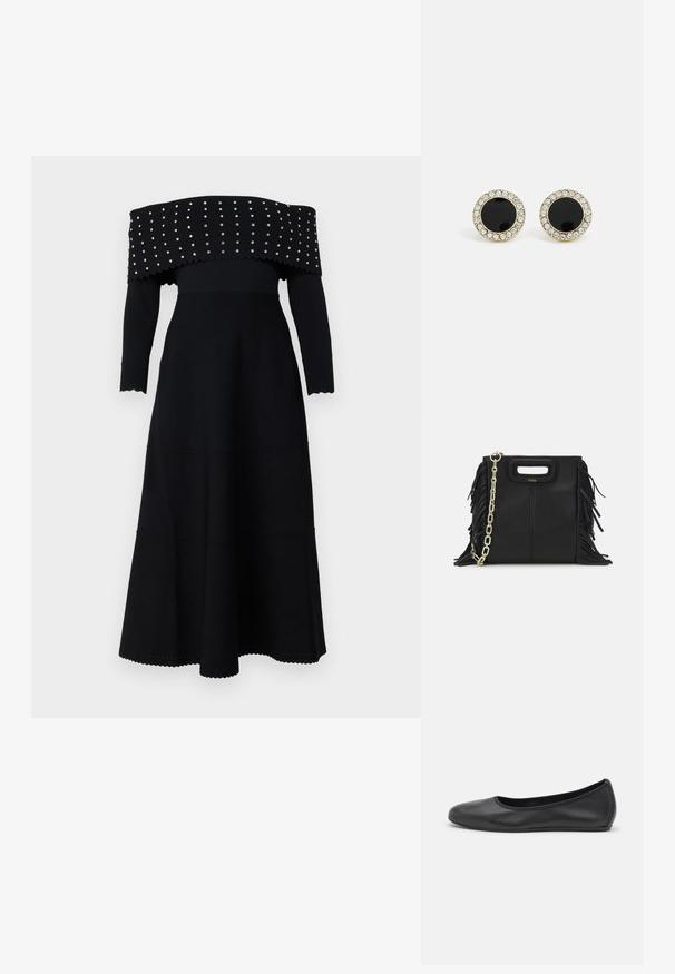Czarna sukienka bez ramiączek z długimi rękawami, żebrowaną teksturą, falbaniastymi krawędziami oraz srebrnymi ćwiekami wzdłuż dekoltu i korpusu.; Czarne skórzane baletki z zaokrąglonym noskiem, gładką fakturą, minimalnymi przeszyciami i elastycznym designem podeszwy.; Czarna skórzana torebka na ramię z frędzlami, złotym łańcuszkiem oraz wyciętym uchwytem. Posiada umieszczone na przodzie logo.; DKNY - Kolczyki