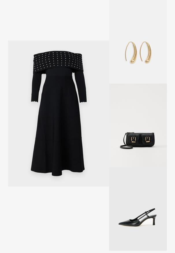 Vestido preto de alças caídas, com mangas longas, textura canelada, bordas escallopadas e tachas prateadas ao longo do decote e do corpete.; Salto slingback em patente preta com bico apontado, apresentando um padrão de pele de cobra texturizado, tira ajustável e um salto bloco curto e texturizado.; Bolsa de ombro em couro preto com dois bolsos frontais, fivelas douradas, fecho de zíper e uma alça fina. Superfície texturizada e forma retangular compacta.; Brincos em metal dourado com forma de arco alongado e curvado. Apresentam uma superfície lisa e brilhante, com uma ponta arredondada para um detalhe adicional.