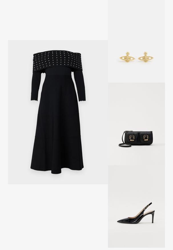 Vestido negro sin hombros con mangas largas, textura acanalada, bordes en forma de concha y tachuelas plateadas a lo largo del escote y el corpiño.; Zapatos de charol negro con tirante al tobillo, punta afilada, tacón delgado y un diseño de corte sutil. Presenta una hebilla dorada en la correa.; Bolso cruzado de cuero negro con dos bolsillos frontales, hebillas doradas, cierre de cremallera y una correa delgada. Superficie texturizada y forma rectangular compacta.; Vivienne Westwood MINI BAS RELIEF EARRINGS - Pendientes - gold-coloured