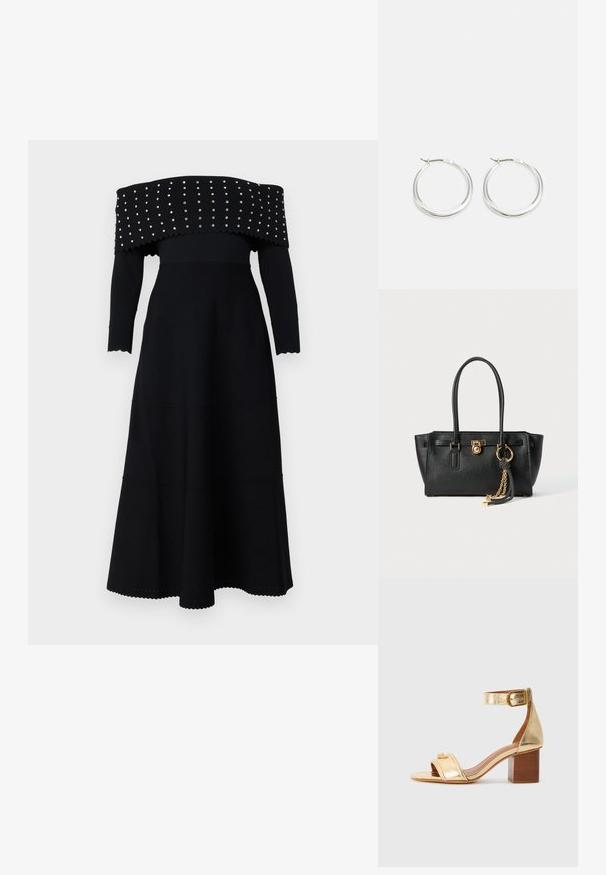 Vestido negro sin hombros con mangas largas, textura acanalada, bordes en forma de concha y tachuelas plateadas a lo largo del escote y el corpiño.; Sandalia de tacón metálica dorada con una tira ancha sobre los dedos, tira en el tobillo con hebilla y tacón bloque. Textura suave, detalles mínimos.; Bolso de cuero negro con doble asa, cierre dorado y detalles en cadena, y accesorio de borlas en blanco y negro, sobre fondo blanco.; Los pendientes de aro de plata presentan un diseño suave y redondeado con un perfil delgado y un cierre seguro. Estilo minimalista con un acabado pulido.