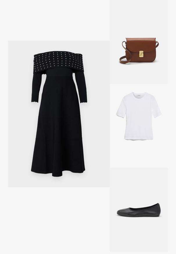 Juodas off-the-shoulder suknelė su ilgomis rankovėmis, raukšlėta tekstūra, banguotais kraštais ir sidabriniais knopkėmis išilgai kaklo ir krūtinės.; Balta trumpa rankovėmis marškinėliai, pagaminti iš pasiruošusio audinio. Apvali iškirptė, reguliari tinkamumas ir subtilūs siuvimo detalės. Be raštų ar grafikos.; Juodai odiniai baletai su apvaliu pirštu, lygi texture, minimalus siuvimo detales ir lanksčiu padų dizainu.; Ruda odinė rankinė su uždaromu dangteliu, aukso spalvos detalėmis, petneša ir lygiu paviršiumi. Kompaktiška stačiakampio formos.