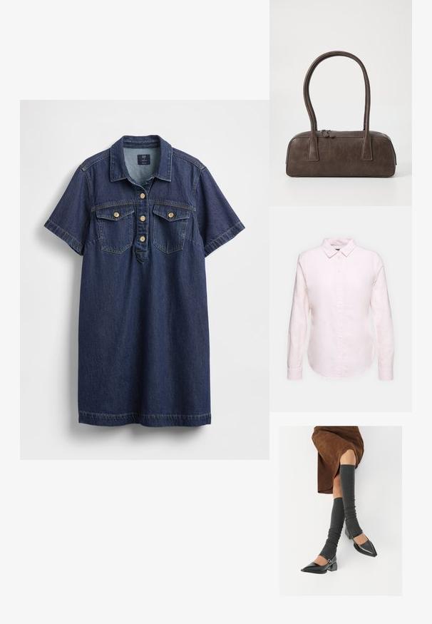 Vestido camisola de ganga azul escuro com mangas curtas, dois bolsos no peito, pala com cinco botões e textura de desbotamento subtil.; Camisa de manga longa rosa claro com colarinho abotoado, apresentando uma bainha reta e textura suave, feita de um tecido de algodão leve.; Sapatos pretos de pele lacada com biqueira pontuda, salto bloco e tiras no tornozelo, combinados com caneleiras cinzas em malha e uma saia de camurça castanha.; Bolsa de couro castanho com duas alças robustas, formato retangular, textura lisa e fecho de zíper. Design minimalista sem padrões visíveis.