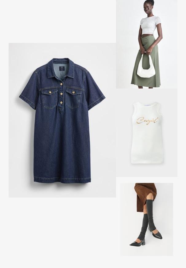 Jeansskjortklänning i mörkblått med korta ärmar, två bröstfickor, fem knappar och subtil blekningseffekt.; Vit ärmlös ribbad linne med gyllene metallisk text som säger "Cowgirl" över bröstet, visad mot en enkel bakgrund.; Svarta lackläderskor med spetsig tå, blockklack och ankelrem, i kombination med grå ribbade benvärmare och en brun mockakjol.; Grå ribbad crop top och olivgrön högmidjad kjol. Modellen håller en vit axelremsväska med utskärningar. Enkelt design, tight passform.