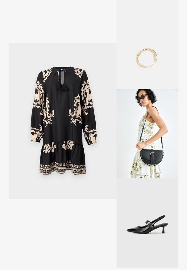 Črna obleka z dolgimi rokavi, ki ima bež cvetlične vzorce in volanast rob. Vključuje zavezan vrat z resicami za dodatne detajle.; Črne patent usnjene slingback pete s koničastim nosom in majhnim blok peto, ki vključujejo srebrno zaponko na traku.; Črna usnjena torbica s ukrivljeno obliko, z odstranljivo naramnico in zlatimi dodatki. Torbica ima pokrov s podrobnostmi v obliki zaponke.; Zlati prstan s organskim, zvitim dizajnom, gladko površino in taperiranimi konci, ki ustvarja modernega, skulpturalnega videza.