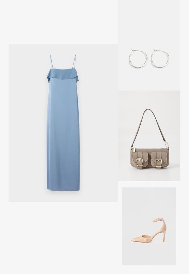 Svijetloplava, bezrukavna maxi haljina s naboranim izrezom. Izrađena od glatkog materijala, ima tanke naramenice i ravnu siluetu.; Nude lakirani čevlji s koničastim prstom, z naramnicami in stiletto peto, ki se ponašajo z gladko teksturo in minimalističnim dizajnom.; Bežna teksturirana torba z nastavljivim trakom, z dvema sprednjima žepoma, zaklenjenima s sponkami, ter z zlatimi kovinskimi dodatki. Zadrga na vrhu.; Srebrni obroči za ušesa imajo gladko, zaobljeno obliko z tankim profilom in varnim zapiranjem. Minimalističen stil z sijočo površino.