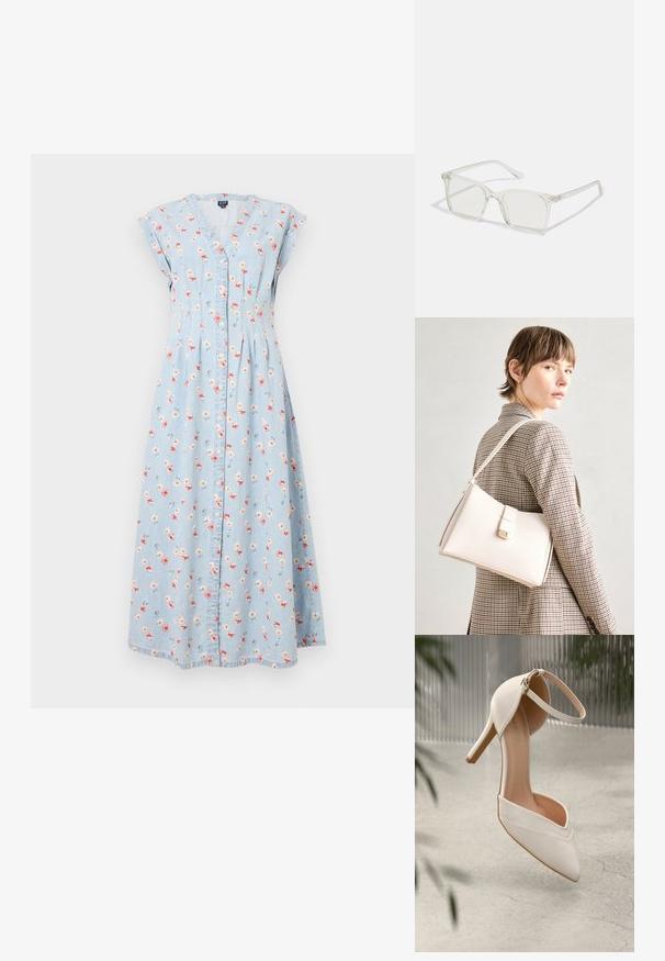 Vestido de denim azul claro com mangas curtas, decote em V, padrão floral em rosa e branco, fechamento com botões e uma silhueta longa e fluida.; Shoe de salto alto branco em material suave com bico pontudo e tira no tornozelo. Apresenta um interior em tom claro de bege e detalhes em tom dourado.; Óculos quadrados de plástico transparente com lentes translúcidas, apresentando detalhes em dourado nas hastes.; Bolsa de mão em couro branco com um design estruturado, apresentando um fecho magnético e uma alça de ombro, exibida sobre um fundo neutro.