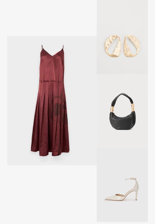 MAX&Co. CURLY - Robe de cocktail - schwarz; Chaussure à talon haut en cuir blanc avec un bout pointu, une bride de cheville et un talon aiguille fin. Texture lisse avec une finition légèrement brillante.; Sac à main en cuir noir de forme ronde, texture douce, et avec une anse nouée ornée d'accents en matériel doré. Fermeture éclair.; Une paire de boucles d'oreilles en métal doré, de forme ovales irrégulières, avec une surface texturée et légèrement martelée sur fond blanc.