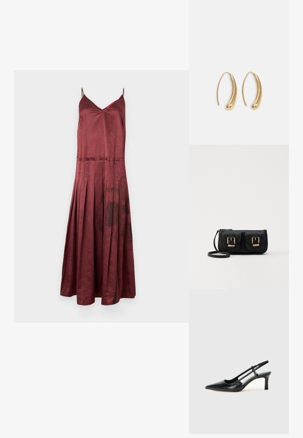 MAX&Co. CURLY - Abiti per occasioni speciali - schwarz; Slingback con tacco in vernice nera con punta affusolata, caratterizzato da una stampa a serpente testurizzata, cinturino regolabile e un tacco corto e testurizzato.; Borsa a tracolla nera in pelle con due tasche frontali, fibbie dorate, chiusura con zip e una tracolla sottile. Superficie texturizzata e forma rettangolare compatta.; Orecchini a cerchio in metallo color oro con forma curva ed allungata. Presentano una superficie liscia e lucida e una punta arrotondata per un tocco di dettaglio in più.