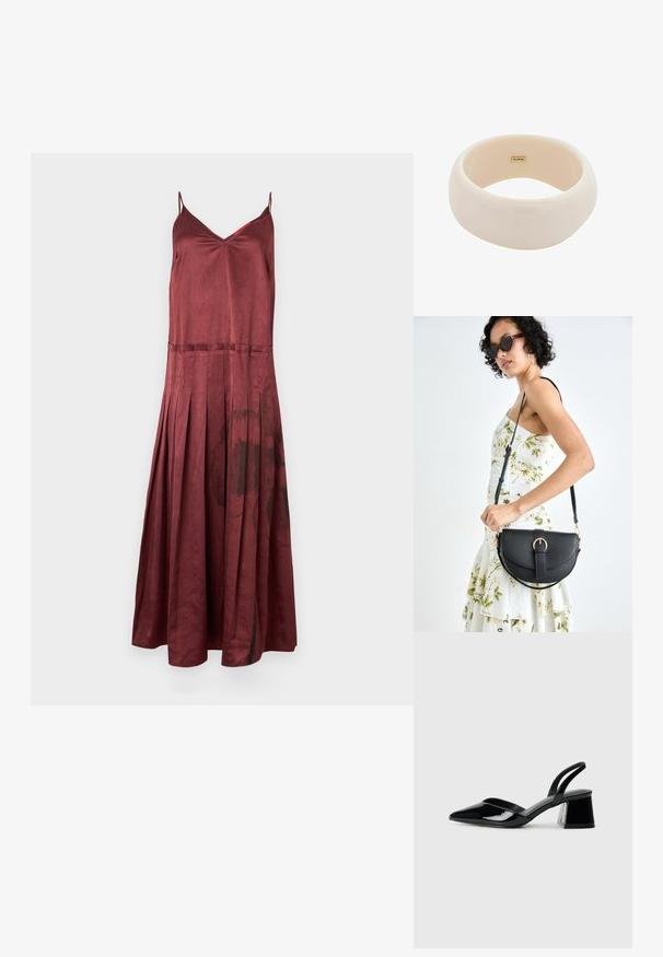 MAX&Co. CURLY - Apģērbs svinīgiem gadījumiem - schwarz; Melna lakota āda ar atvērto papēdi, ar smailu purngalu un ģeometrisku blokpapēdi. Iezīmējas elegants, minimāls dizains un gluda tekstūra.; Melnas ādas rokassoma ar izliekta formu, noņemamu siksnu un zelta aksesuāriem. Somai ir vāciņš ar sprādzes detaļu.; Spīdīga bežīga aproce, izgatavota no gludas sveķu materiāla. Apaļa forma ar vienmērīgu virsmu un nelielu zelta logotipu iekšpusē.