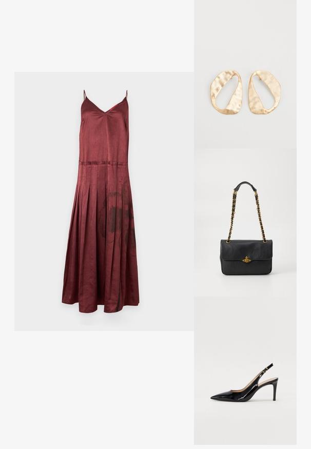 MAX&Co. CURLY - Galajurk - schwarz; Zwarte gepatineerde leren slingback pump met een puntige neus, slanke hak en een subtiel uitgesneden ontwerp. Bevat een gouden gesp op de band.; Zwarte leren handtas met een opvouwbare flap, gouden kettingriem en logo hardware details aan de voorkant. Glad textuur.; Een paar onregelmatig ovale, gouden metalen oorbellen met een gestructureerd, lichtgehamerd oppervlak op een witte achtergrond.
