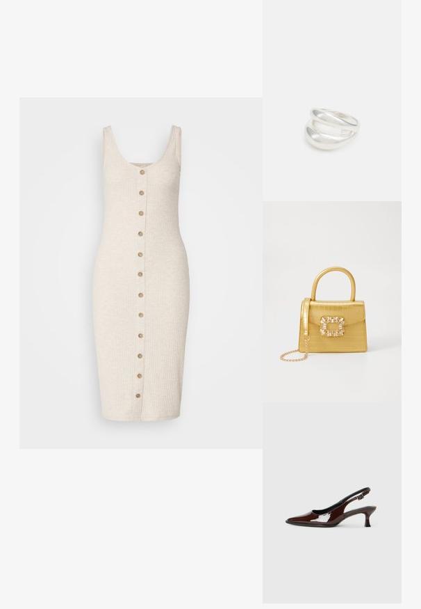 ONLY Tall ONLNELLA BODYCON DRESS - Haljina od žerseja - pumice stone; Smeđe patentne kožne cipele s otvorenom petom, špicastim vrhom i umjerenom petom. Imaju remen s kopčom za sigurno pristajanje. Glatka tekstura.; Žuta torbica od umjetnog krokodila sa strukturiranim dizajnom, gornjom ručkom, odvojivim lančićem i dekorativnim kristalnim ukrasom na kopči.; Srebrna dvostruka prsten s glatkom, poliranom površinom. Karakterizira ga fluidan, zakrivljen dizajn s preklapajućim sekcijama za moderan izgled.