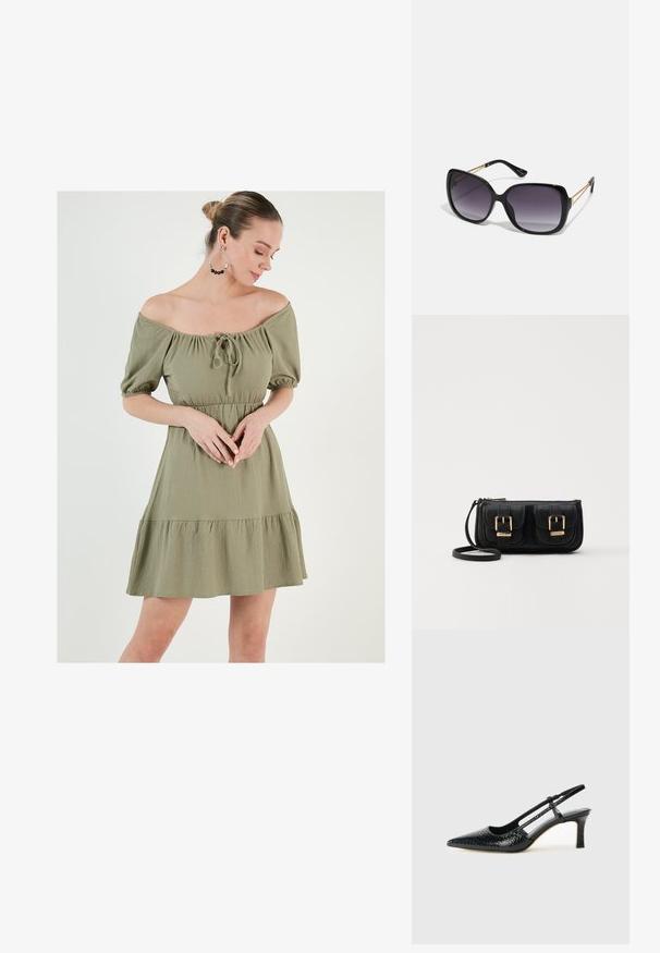 Üks õlg vaba oliivroheline kleit puffvarrukatega, kitsendatud taljega ja volangiga hemiga. Omab nööri detaili kaeluses ja tekstuuri. ; Mustmust paelad, millel on terav varvas, tekstuuriga maduprindiga, reguleeritav rihm ja lühike tekstuuriga plokknina.; Mustad ümarad päikeseglaasid, millel on gradient objektiivid, paksud raamid ja kuldse tooni kettaga kaunistused tempelitel.; Must küllastamata nahast õlakott, millel on kaks esist nähtavat taskut, kuldsed pandlad, tõmblukuga sulgemine ja peen rihm. Tekstuuriga pind ja kompaktne ristkülikukujuline kuju.