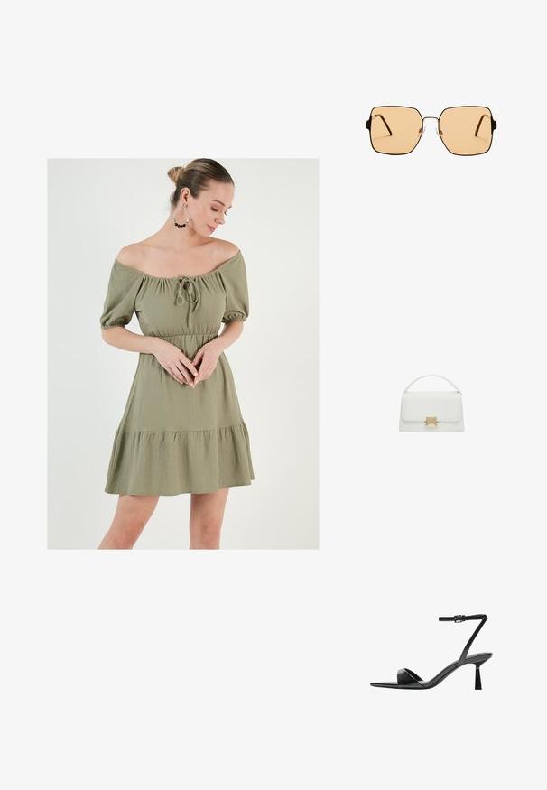 Šaty bez ramínek v olivově zelené barvě s nafouknutými rukávy, zúženým pasem a volánkovým lemem. Obsahují detail vázání na výstřihu a texturovanou látku.; Bershka Sandály na vysokém podpatku - black; Čtvercové sluneční brýle s hnědými skly a tenkým černým kovovým rámem. Mají šikmé stranice a nastavitelná nosní polštářky pro pohodlí.; Bílá kožená taška s pevnou konstrukcí, vybavená horní rukojetí a zlatým uzávěrem. Hladká textura a minimalistické detaily.