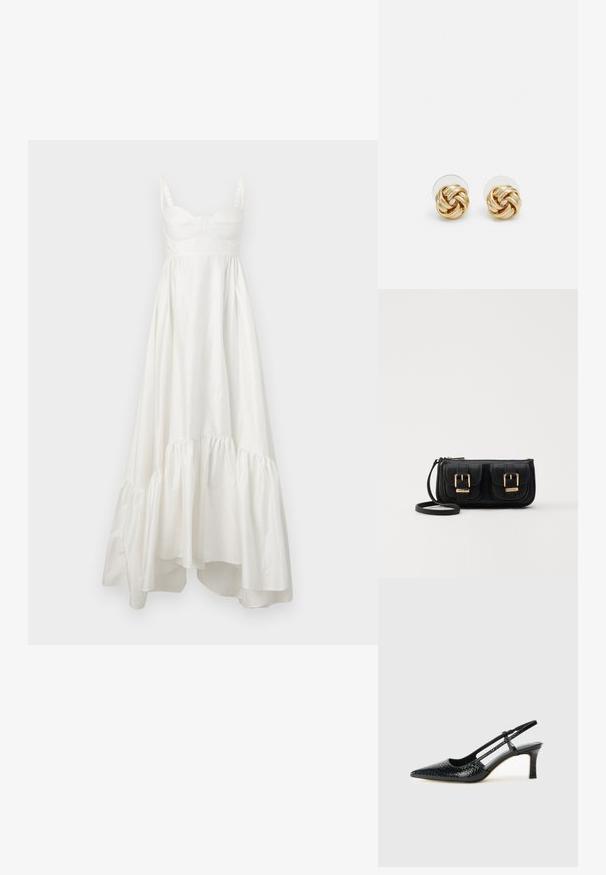 Biela bavlnená maxi šaty s priliehavým korzetom, tenkými ramienkami a vrstveným volánkovým lemom. Hladká textúra a jemný lesk v celom prevedení.; Čierne patentové slingback topánky na ihlovom podpätku s špicatou špičkou, s textúrovaným hadím vzorom, nastaviteľným popruhom a krátkym, textúrovaným blokovým podpätkom.; Čierna kožená crossbody taška s dvoma prednými vreckami, zlatými sponami, zipsovým uzatváraním a úzkym popruhom. Štruktúrovaný povrch a kompaktný obdĺžnikový tvar.; Náušnice s uzlom v zlatej farbe s prekrúteným dizajnom. Každá náušnica má kruhové priehľadné pozadie pre bezpečné nosenie.