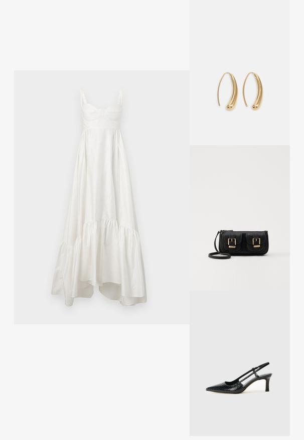 Balta medvilnė maxi suknelė su prigludusia liemene, plonomis petnešomis ir daugiasluoksniu išsiuvinėtu kraštu. Lygi tekstūra ir subtilus blizgesys visame paveiksle.; Juodai lakuoti slingback aukštakulniai su smailiu nosiu, su tekstūruotu gyvatės raštu, reguliuojama juosta ir trumpu, tekstūruotu blokiniu kulnu.; Juodas odinis per petį nešiojamas krepšys su dviem priekiniais kišenėmis, auksiniais sagtimis, užtrauktuko uždarymu ir siauromis petnešomis. Textūruota paviršius ir kompaktiškas stačiakampis formatas.; Auksinės metalinės auskarų kabės su lenktą, pailgą forma. Turi lygų, blizgantį paviršių ir užapvalintą galiuką papildomam akcentui.