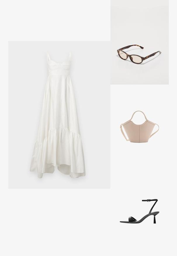 Biela bavlnená maxi šaty s priliehavým korzetom, tenkými ramienkami a vrstveným volánkovým lemom. Hladká textúra a jemný lesk v celom prevedení.; Bershka Sandále na vysokom opätku - black; Kocúrkové slnečné okuliare s guľatým tvarom a svetlými sklami. Majú robustné ramená s malými zlatými akcentmi, vyrobené z plastového materiálu.; Béžová kožená kabelka s unikátnym tvarom, vybavená dvoma krátkymi uchami a jedným dlhým nastaviteľným popruhom. Hladký povrch s minimálnym kovovým príslušenstvom.