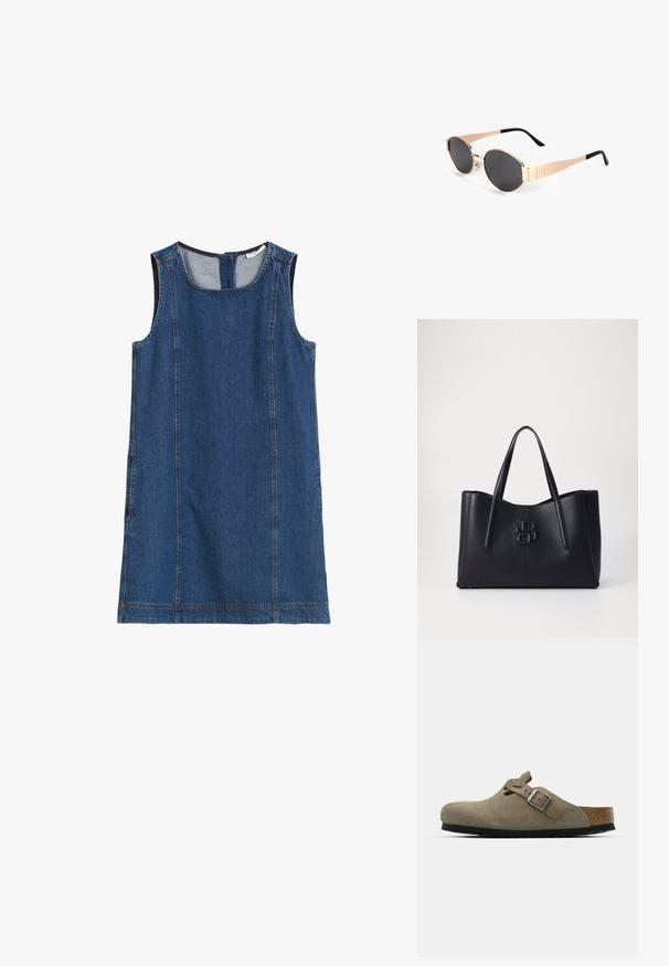 Mörkblå denimklänning utan ärmar med rund halsringning, sidsömmar och dragkedjestängning bak. Slät textur och avslappnad design.; Mockasiner i mocka i ljus olivgrön med en formad kork- och gummisula. Har ett sidclicked band med en metallspänne och en rundad tå.; Guldtonade ovala solglasögon med mörka linser, med en elegant design, tunna skalmar och en svart accent vid templen. Modellnummer L37.; Svart läder toteväska med två handtag, med en präglad logotyp på framsidan. Strukturerad form och slät yta. Inga ytterligare detaljer.