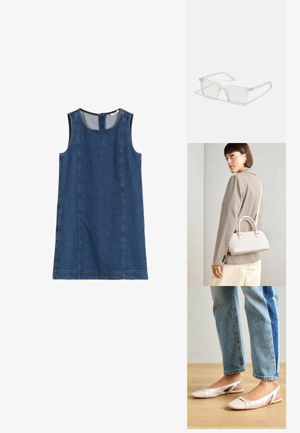 Denim brezrokavnik obleka v temno modri barvi z okroglih izrezom, bočnimi šivi in zadrgo na hrbtni strani. Gladka tekstura in sproščen dizajn.; Svijetloružičaste slingback balerinke s šiljastim nožnim prstima, napravljene od glatkog materijala nalik koži. Imaju izrezane detalje sa strane i ravne pete.; Prozorne kvadratne plastične očala s prozornimi lečami, ki imajo zlato dekoracijo na ročajih za dodaten pridih podrobnosti.; Bela strukturirana torba z kratkimi ročaji in naramnim trakom, z zlatimi okrasnimi elementi in teksturiranim materialom, prikazana na sivi podlagi.