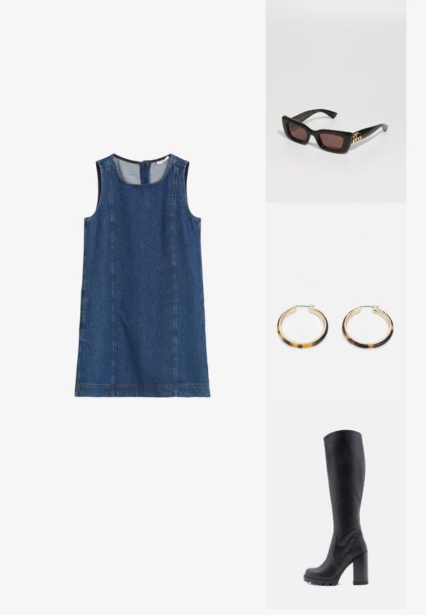 Mørkeblå denimkjole uten ermer med rund hals, sidesømmer, og glidelås bak. Glatt tekstur og uformelt design.; Svart knelang støvel, glatt skinnmateriale, kraftig hæl, rund tå, teksturert såle med grep, strømlinjeformet design uten pynt.; Svart skilpadde solbriller med rektangulære linser, brun toning, tykk ramme og gull dobbelt-G logo detaljer på tempelen.; Gullferske hoop øreringer med et skjellmønster i resin på ytterkanten, med en glatt overflate og en strømlinjeformet, sirkulær form.