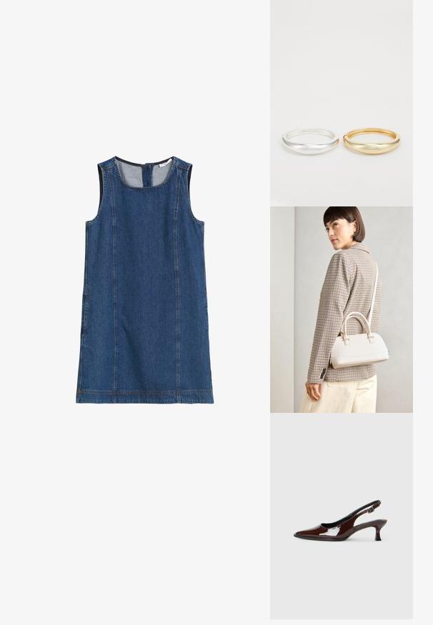 Denim zonder mouwen jurk in donkerblauw met een ronde halslijn, zijkanten en een ritssluiting aan de achterkant. Glad textuur en casual ontwerp.; Bruine gepatineerde leren slingback-schoen met een spitse neus en een gematigd hakje. Voorzien van een gespsluiting voor een veilige pasvorm. Glad van textuur.; Witte gestructureerde handtas met korte handvatten en een schouderband, voorzien van gouden hardwareaccenten en een textuurmateriaal, tentoongesteld tegen een grijze achtergrond.; Zign 2 PACK - Armband - gold-coloured/silver-coloured