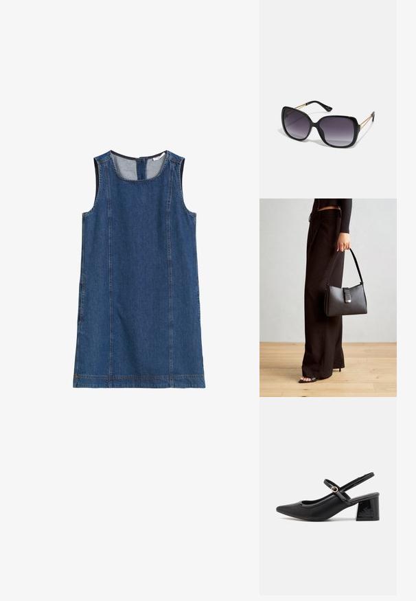 Tumed sinise värvi säärteeta teksamantel ümmarguse kaelusega, külgõmbluste ja tagumise lukuga. Sile tekstuur ja lõdva disain.; Mustad läikivad nahast slingback-kõrged kontsad, millel on terav nina, ümar lõikekujundus ja blokknina. Omab kuldset nupu aktsenti.; Mustad ümarad päikeseglaasid, millel on gradient objektiivid, paksud raamid ja kuldse tooni kettaga kaunistused tempelitel.; Must musta kott, millel on struktureeritud kuju, sile tekstuur ja metallist klamber. Kombineeritud laiate mustade pükstega ja avatud varvaste sandaalidega puidust põrandal.