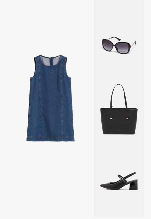 Denim zonder mouwen jurk in donkerblauw met een ronde halslijn, zijkanten en een ritssluiting aan de achterkant. Glad textuur en casual ontwerp.; Zwarte gepolijste leren slingback hakken met een spitse neus, een ronde uitsnede en een blokhak. Voorzien van een gouden gespaccent.; Zwarte oversized zonnebril met gradient glazen, dikke montuur en gouden kettingdetails op de pootjes.; Zwarte tote bag van synthetisch materiaal, met een eenvoudig rechthoekig ontwerp, gouden vierkante accenten en dubbele handvatten.