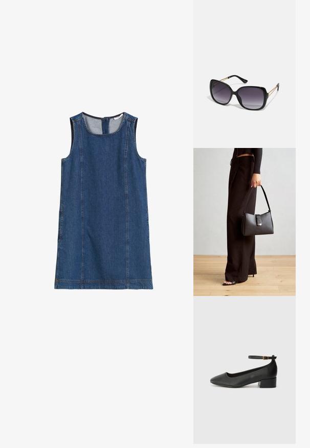 Sötétkék farmer ujjatlan ruha kerek nyakkivágással, oldalsó varratokkal és cipzáras záródással a hátsó részen. Simább textúra és laza dizájn.; Fekete bőr magassarkú cipő hegyes orral és alacsony tömb sarkal. Bokapánttal rendelkezik, aranyszínű csattal. Simább textúra.; Fekete, oversize napszemüveg fokozatos árnyalatú lencsékkel, vastag kerettel és arany színű lánc díszítéssel a szárakon.; Fekete kézi táska strukturált formával, sima textúrával és fémből készült záródással. Széles fekete nadrággal és nyitott orrú szandállal párosítva, fából készült padlón.