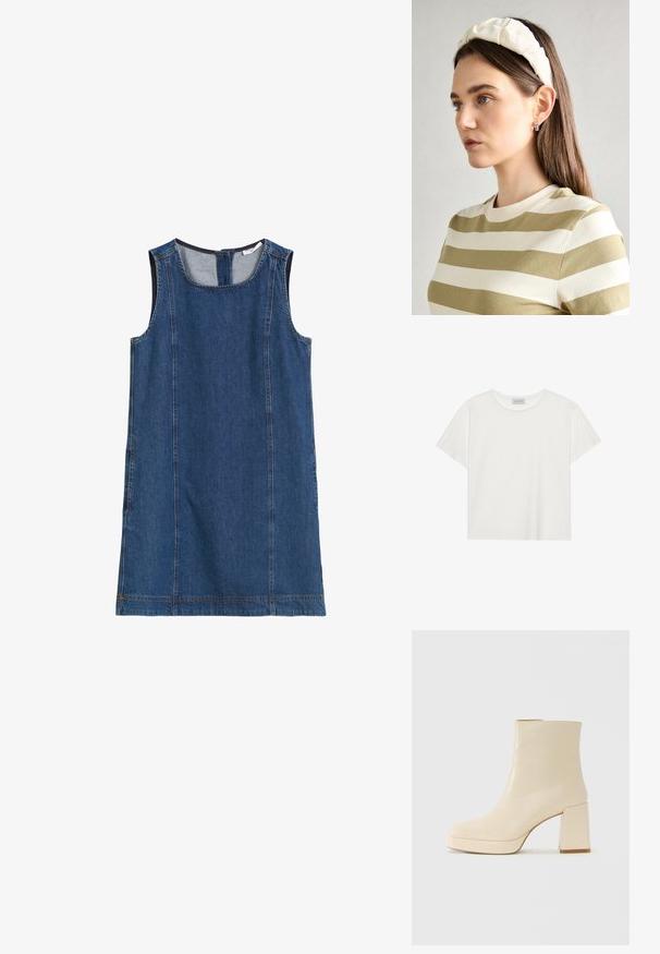 Vestido de ganga sem mangas em azul escuro com decote redondo, costuras laterais e fecho de correr nas costas. Textura suave e design casual.; T-shirt branca de manga curta feita de algodão macio. Apresenta um decote redondo e um corte descontraído. Design limpo sem padrões ou detalhes visíveis.; Bota ankle de couro bege com salto bloco e sola plataforma, acabamento suave e bico ligeiramente quadrado, virada para a esquerda em fundo branco.; Fita de cabelo almofadada em creme com design torcido, acompanhada de uma camisa às riscas bege e branca com escote redondo. Acentos discretos em joias.