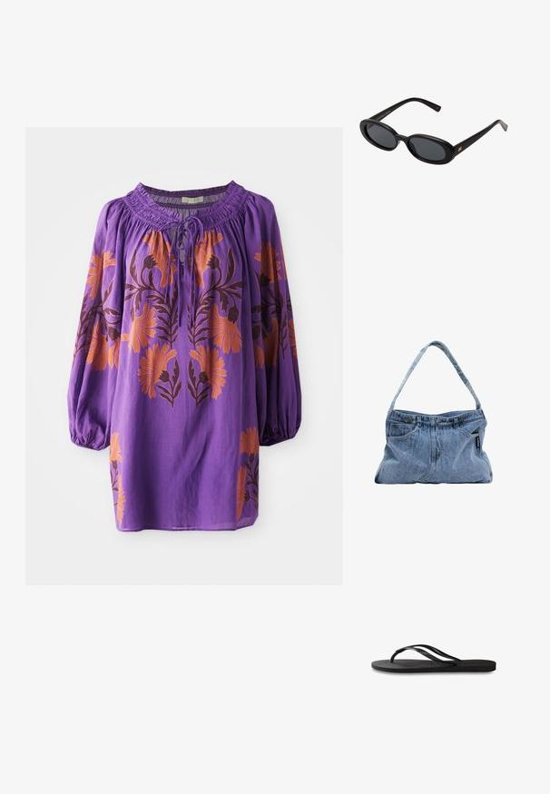 Blusa viola con scollatura arricciata, maniche lunghe a palloncino e ricami floreali arancioni. Tessuto leggero con una texture fluida.; Infradito neri con suola in gomma testurizzata, due cinghie sottili e un sottile dettaglio del logo impresso sulla cinghia.; Occhiali da sole neri oversize con lenti ovali, montatura in plastica liscia e accenti dorati sulle tempie. Le lenti scure offrono protezione dal sole.; Borsa a spalla in denim con tracolla curva, due tasche frontali e cima con bottone, caratterizzata da un tessuto azzurro chiaro e dettagli di cucitura a contrasto.