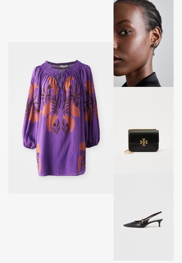 Blouse violette avec un col froncé, des manches bouffantes longues et une broderie florale orange. Tissu léger avec une texture fluide.; Escarpin noir en cuir avec un bout pointu, un talon fin et un accent doré près de la sangle de la cheville. Texture lisse et design épuré.; Sac à main en cuir noir avec une chaîne dorée et un accent logo. À forme rectangulaire avec un rabat. Texture lisse.; Les boucles d'oreilles en fleur dorée présentent un centre noir texturé et des détails délicats. La peau claire et les cheveux tressés du modèle sont visibles de profil.