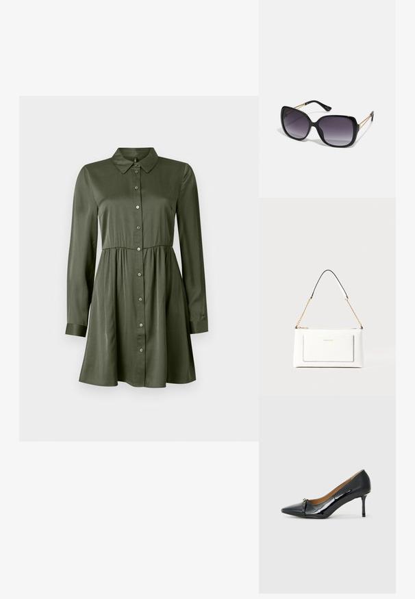 Haljina dugih rukava u maslinasto zelenoj boji s dugim gumbima, uskim strukom i kragnom, blago raširenim suknjama i rukavima s manžetama.; Crne lakirane cipele s visokom petom, sa šiljastim prstom, dekorativnim detaljem remena sprijeda i tankom stiletto petom.; Crne prevelike sunčane naočale s gradijentnim lećama, debelim okvirom i zlatnim lancem kao detaljem na krakovima.; Bijela kožna torba s teksturiranim završetkom, koja ima zlatni lančić i crne akcentne detalje. Uključuje prednji džep i zatvaranje na patentni zatvarač.