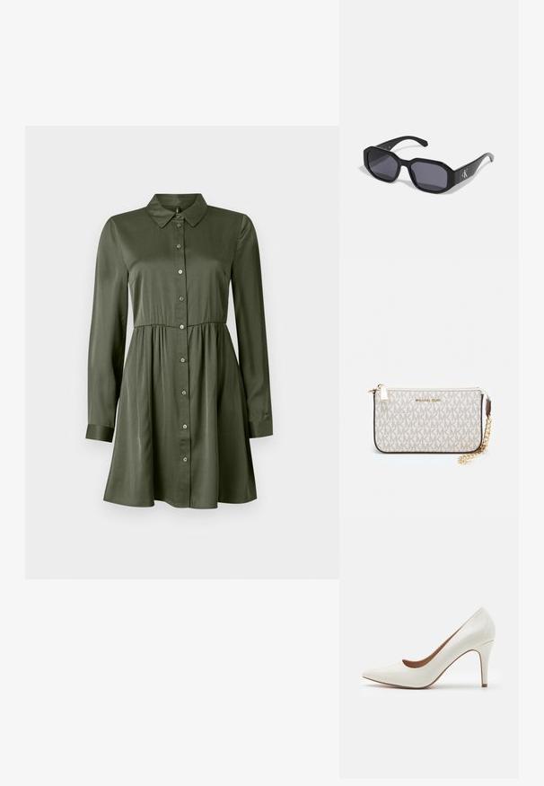 Pikad varrukad oliivroheline nööbidress, millel on ehtne talje ja krae, kergelt laienev seelik ning käised on mansetiga.; Valge patendi nahk kõrge kontsaga king, millel on terav nina ja sile pind, peenike konts ning madal lõige ava ümber.; Mustad prillid, millel on oktagonaalne raam, tumedad läätsed, läikiv plastmaterjal ja hõbedane logo aksent ühel küljel.; Michael Korsi randmevõru beige kaetud kangast, millel on korduv MK logo muster, kuldne riistvara ja eemaldatav ahelistrap.; Kuldsetest metallist kõrvarõngad lainelise disainiga; sile, peegeldav pind; asümmeetriline kuju; nähtavad mustrid või kinnitused puuduvad.