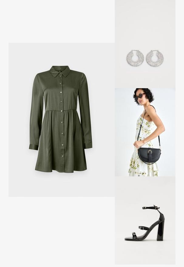 Langärmliges, olivgrünes Hemdkleid mit tailliertem Schnitt und Kragen, leicht ausgestelltem Rock und geknöpften Ärmeln.; Schwarze patentierte Sandalen mit Absatz, quadratischer Spitze, Knöchelriemen und silbernen Schnallen. Mit einem stabilen Blockabsatz für mehr Stabilität.; Schwarze Lederhandtasche mit geschwungener Form, abnehmbarem Tragegurt und goldenen Beschlägen. Die Tasche verfügt über einen Deckel mit einer Schnallen-Details.; Silberne Creolen, verziert mit mehreren klaren Kristallverzierungselementen, mit einer strukturierten Oberfläche und einem offenen, kreisförmigen Design.