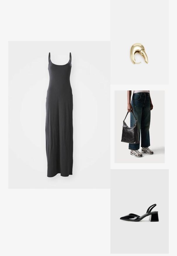 Svart maxikjole med tynne skulderstropper, laget av et glatt, elastisk stoff. Enkel design med rett silhuett og uten pynt.; Svarte patentlær slingback hæler med spiss tå og geometrisk blokk hæl. Har et stilrent, minimalistisk design og jevn tekstur.; Sort skinnveske med en glatt tekstur og justerbar stropp, kombinert med falmede vide jeans og atletiske sneakers.; Gullfarget metalløredobber med et elegant, buet design. Har en karakteristisk spiss form, polert overflate og hengsel-lukking.