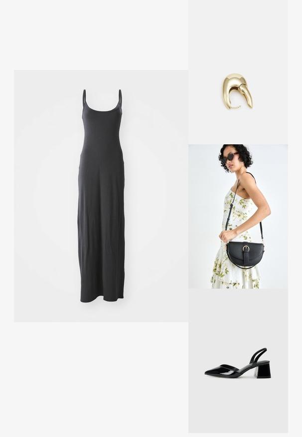 Fekete maxi ruha vékony vállpántokkal, sima, ruganyos anyagból készült. Egyszerű dizájn, egyenes sziluett, díszítések nélkül.; Fekete lakk bőr szandálkés magas sarkú cipő, hegyes orral és geometrikus tömbsarkakkal. Karcsú, minimalista dizájn és sima textúra jellemzi.; Fekete bőrtáska ívelt formával, levehető pánttal és arany színű fémrészekkel. A táskán egy csattal díszített fedél található.; Aranyszínű fém fülbevaló, elegáns, ívelt formával. Különleges hegyes alak, fényes felszín és zsanéros záródás jellemzi.