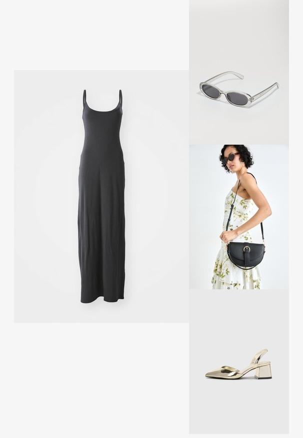 Rochie maxi neagră cu bretele subțiri, realizată dintr-un material neted și elastic. Design simplu cu o siluetă dreaptă și fără ornamente.; Pantofi cu toc slingback metalici aurii, cu vârf ascuțit și toc chunky. Textură netedă, design minimalist și o curea subțire.; Ochelari de soare cu formă ovală, ramă din plastic transparent, lentile gri închis și brațe subțiri transparente cu accente de logo și detalii minime.; Geantă din piele neagră, cu o formă curbată, curea detașabilă și accesorii aurii. Geanta are un capac cu un detaliu tip cataramă.