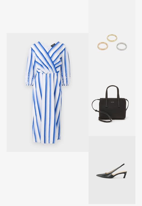Niebieska i biała sukienka w paski z długimi przezroczystymi rękawami, dekoltem w serek i zgromadzonym w pasie krojem. Posiada hafty kwiatowe na mankietach rękawów.; Czarny but na obcasie typu slingback z ostro zakończonym noskiem, z niskim obcasem, wykonany z gładkiej skóry, z wycięciem po boku dla lepszej wentylacji.; Czarna torebka z dwoma krótkimi uchwytami i odpinanym paskiem na ramię. Gładki materiał przypominający skórę, z zamkiem błyskawicznym i detalem z logo.; Trzy metalowe pierścienie: jeden w różowym złocie, jeden złoty z teksturowanymi akcentami, oraz jeden srebrny, wszystkie z wygrawerowanym brandingiem na wewnętrznej stronie.