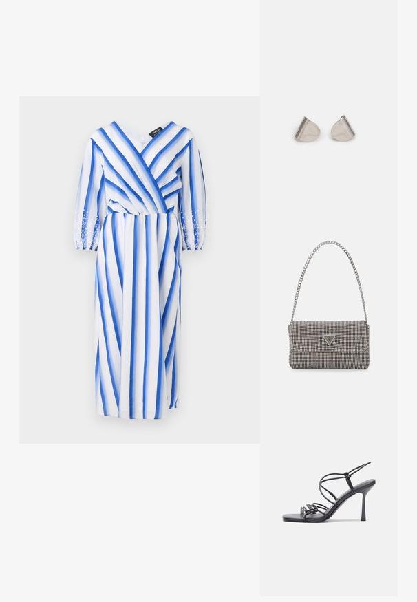 Mėlynai ir baltai dryžuota suknelė su ilgomis permatomomis rankovėmis, V formos iškirpte ir raukšlėta juosmeniu. Rankovių manžetėse puošia gėlės siuvinėjimas.; Juodos aukštakulnės sandalai pasižymi plonyčiais dirželiais su mazgo dizainu, lygiu kvadratiniu pirštu ir elegantišku stiletto kulnu.; Šviesiai pilka metalinė rankinė su grandinėlės dirželiu, papuošta mažais apvaliais metaliniais smeigėmis ir trikampiu prekės ženklu.; Sidabriniai metaliniai auskarai su lygiu, ašaros formos dizainu ir blizgiu paviršiumi. Subtilūs raižiniai prideda detalumo. Minimalistinis dizainas.