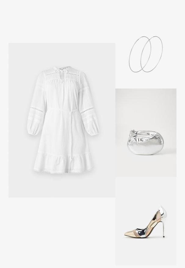 Biela bavlnená šaty s dlhými rukávmi, s nazhromaždeným výstrihom, čipkovými detailmi a odnímateľným pásom v páse. Obsahuje volánový lem.; Lodičky s špičatou špičkou v striebornom, zlatom a telovom farebnom prevedení. Lesklý povrch s výrezovým dizajnom, s ihlovým opätkom.; Strieborná metalická taška s mäkkým, zaobleným tvarom a uzáverom s uzlíkom. Vyrobená z hladkej syntetickej kože.; Strieborné kruhové náušnice s minimalistickým dizajnom. Cirkulárny tvar, hladký povrch a tenký profil. Ľahké s lesklým povrchom.