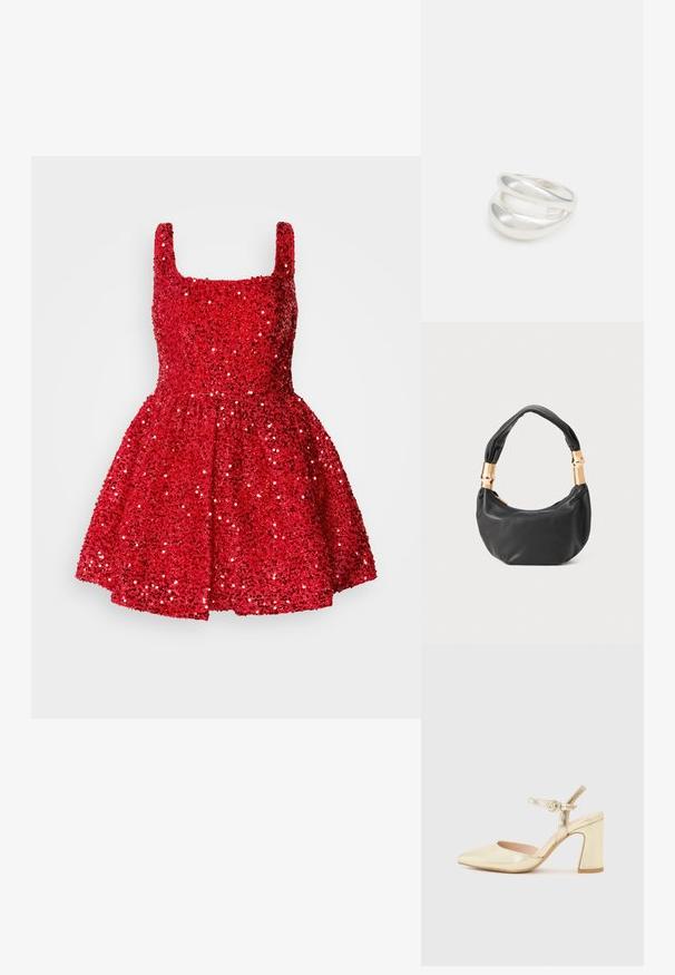 Raudona, blizgi suknelė su kvadratiniu iškirpimu, be rankovių dizainas, prigludusi liemenė ir platėjanti sijonas. Blizganti tekstūra visame ūkyje.; Auksinės metalinės kulninės bateliai su smailiu nosiu, kulkšnies dirželis su apvaliu užsegimu ir masyvus kulnas. Lygus paviršius.; Juodas odinis rankinukas apvalios formos, minkštos tekstūros su susietu rankena ir auksinės spalvos detalėmis. Užtrauktuko uždarymas.; Sidabrinis dvigubas žiedas su lygiu, poliruotu paviršiumi. Pasižymi sklandžiu, kreiptu dizainu su persipinančiomis dalimis, suteikiančiomis modernų išvaizdą.