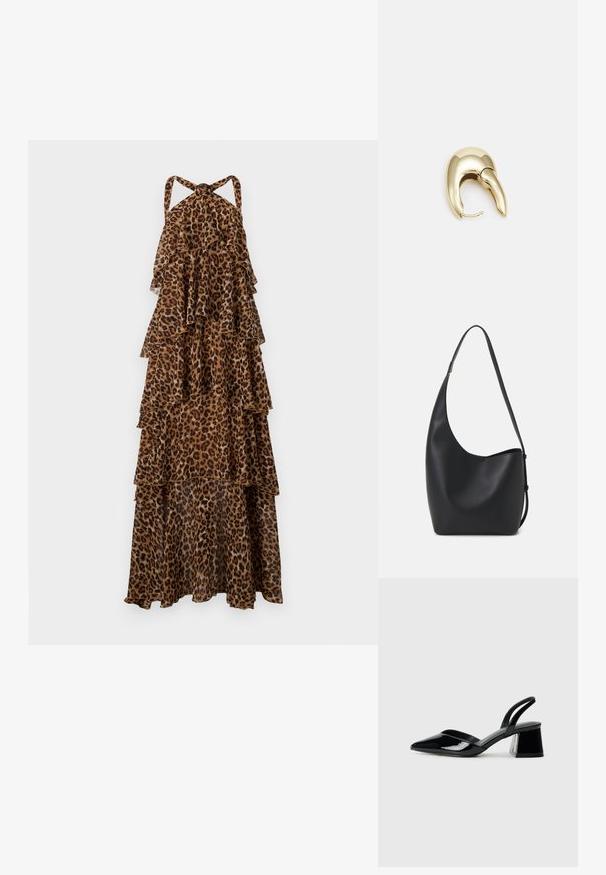 Maxi obleka s tilastim izrezom in leopardjim vzorcem, z več plastmi tekočega blaga in halter ovratnikom.; Črne lakirane slingback pete s koničastim nosom in geometrijsko blokasto peto. Imajo eleganten, minimalističen dizajn in gladko teksturo.; Črna usnjena hobo torba z gladko teksturo, ukrivljeno obliko in eno nastavljivo naramnico; ima širok odprtina na vrhu.; Uhane nakit iz zlatastega tona z gladko, ukrivljeno zasnovo. Ima edinstveno koničasto obliko, polirano površino in zaponko s tečajem.